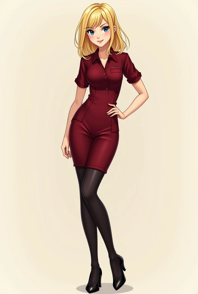 Draw my character , She is blonde, loose waist-length hair ,  has a fringe on the diagonal , blue eyes,  wears a dark beeeem red dress shirt,  a tight skirt in the style of dark red stewardesses,  black tights and small black heels 