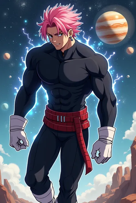  Muscular man in black pants ,  white boots , red girdle ,  pink hair ,  long sleeve black t-shirt ,  with earrings that look like small spheres , slightly in profile to the front , with his head slightly crouched , expelling energy from the body ,  floati...