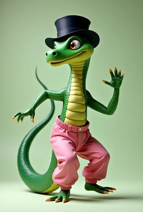 Green male snake with black cap and pink pajama pants dancing