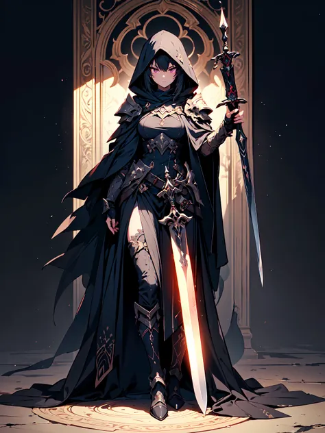 (((masterpiece, best quality, high detailed, 16k))) (1girl) A  and slender assassin with a mysterious aura, concealed under a dark hood. Her sharp, almond-shaped eyes peer out from under the hood, glinting with cunning and precision. She wears sleek high-t...