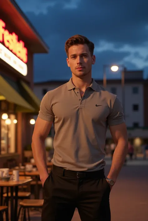 Tall and attractive man 24 years old blue eyes athletic symmetrical face flirty smile wearing black dress pants,  neutral color polo shirt  . He looks tall and athletic . By some coffee shop Westfield NJ .  Night sky 