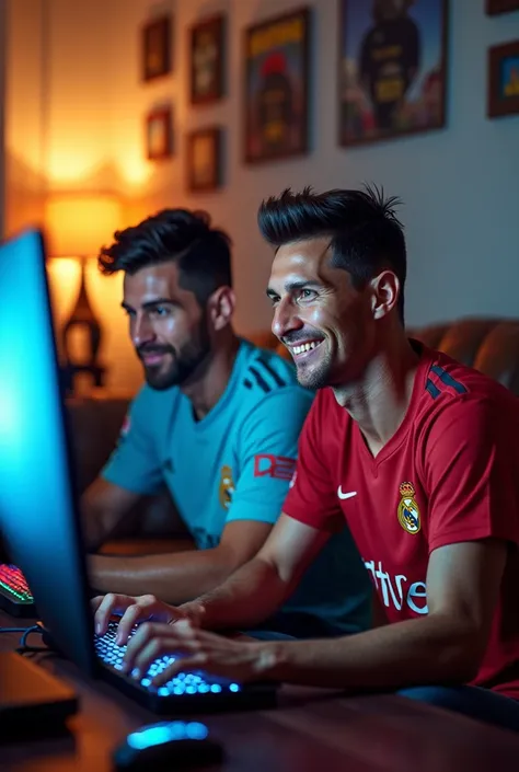 I want Messi play computer game with Cristiano Ronaldo and he is wearing Real Madrid t shirt
 