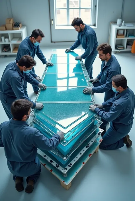 Men Arranging one thick film sheet of layereed tempeered and photovoltaic cells 
