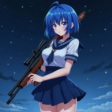 Anime Women。 blue hair 。 blue eyes。 short hair。JK clothes 。 glamorous and sexy 。Big Breasts。The feeling of looking down on people from the front。Against the backdrop of the night sky。 holding a rifle 。Write ODA on the rifle and look down on 