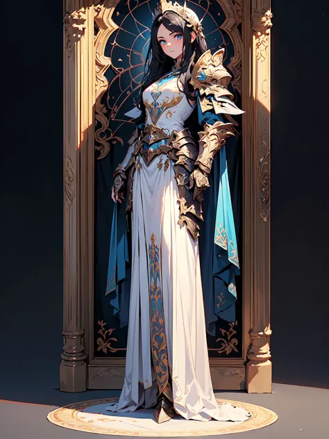 (((masterpiece, best quality, 16k))) Design a layout showcase Gaming character, (1girl). A breathtakingly beautiful young slender female Paladin with long tied, flowing, black hair and intense blue eyes , wearing an ornate godly, white gold armor(extremely...