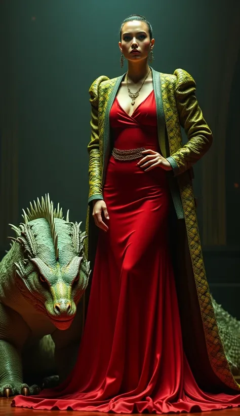 A regal gangster woman wearing a long, flowing red gown and a coat with patterns mimicking the green and yellow scales of a Komodo dragon (Komodo Dragon). Beside her, a Komodo dragon moves slowly, creating a unique and fierce aesthetic under bright stage l...