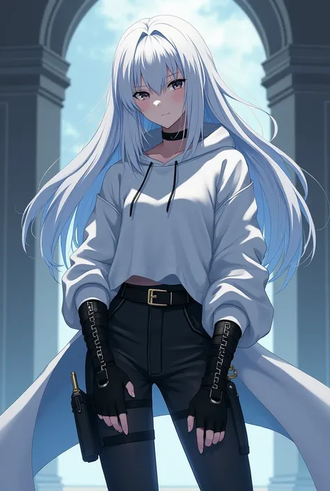 Draw my character ,  he is white with black eyes , medium and full white hair. He wears a white kangaroo hoodie and black combat pants,  black boots and fingerless gloves . do it in anime style