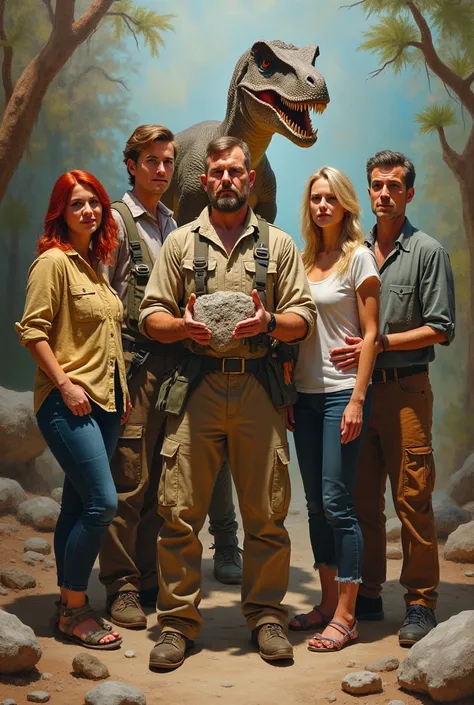 ( An image with several people posing for a photo,  including a paleontologist , a velociraptor ,  a red-haired woman ,  A blonde woman , E um homem,  oil painting.