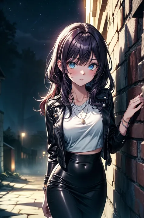 ((masterpiece, best quality:1.3, high detail)), beautiful serious woman, looking to side, long wavy hair, (dark purple hair), hairpin, glowing blue eyes, light blush, (leather jacket, white t-shirt cropped), (long black pencil (skirt)), long skirt, necklac...