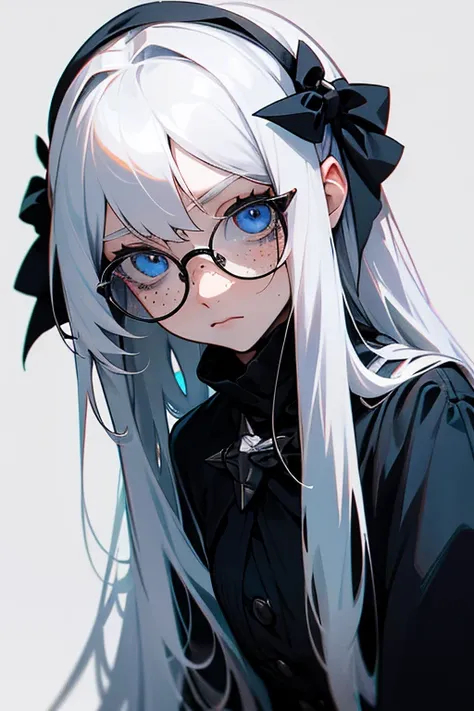 A girl 1.65 meters tall, with long white hair, dark blue eyes, freckles on her face, few but she has, she also needs glasses, her style is gothic and somewhat punk, she also wears glasses, also relate her to winter, but above all with art, her skin is whit...