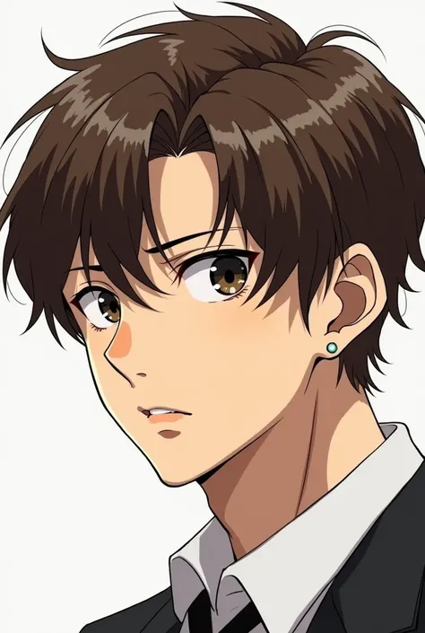 Create a drawing of a handsome guy around 18 years old, he has brownish hair, hes in a side profile his lips half part, show only his front profile, he has a bored look on his face, in a manga style, his hair is mid long only covering until his ear