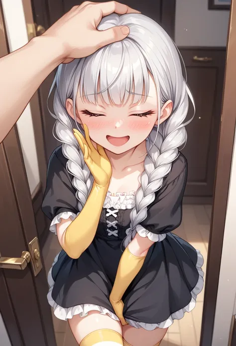 (masterpiece), best quality, expressive eyes,perfect face,(an illustration of a  little sister),(with silver long twin braids:1.2), (she wearing white striped blouse with short sleeve under lace black dress:1.1) , yellow elbow gloves,yellow thighhighs,in f...