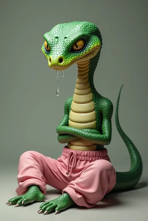 Green male snake in pink pajama pants crying