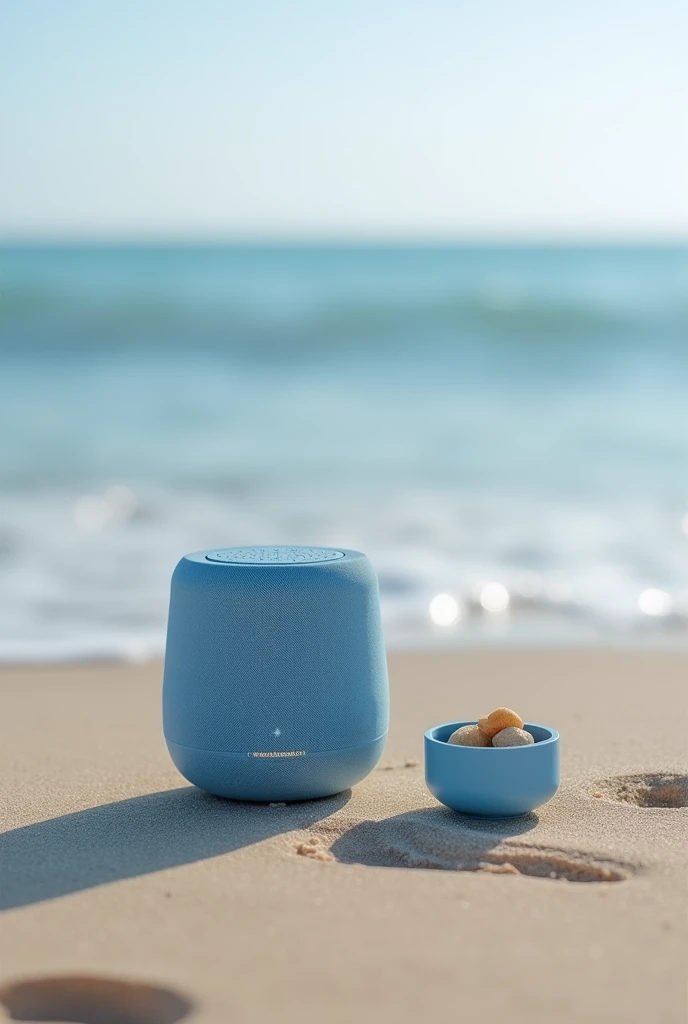 Create a small square blue speaker on the beach on the sand near the water with a small diamond whiskey cup with 2 stones inside it