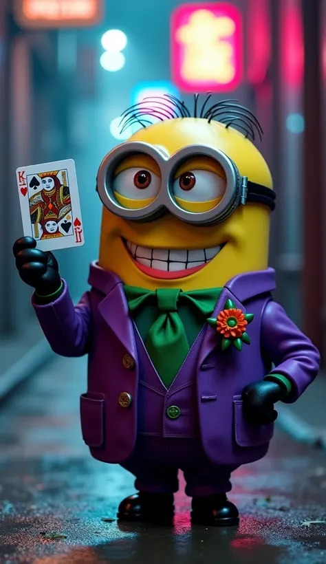  A Minion dressed up and dressed like the Joker , with the purple suit ,  green tie and his face painted with the characteristic smile .  He holds a playing card with a joker in his hand and has a manic expression.  The setting is a shady alley ,  with neo...