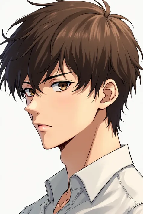 Create a drawing of a handsome guy around 18 years old, he has brownish hair, hes in a side profile his lips half part, show only his front profile, he has a bored look on his face, in a manga style, his hair is mid long only covering until his ear