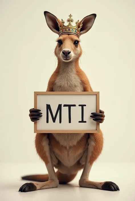 A kangaroo with a crown on its head holding a sign with the name of mti