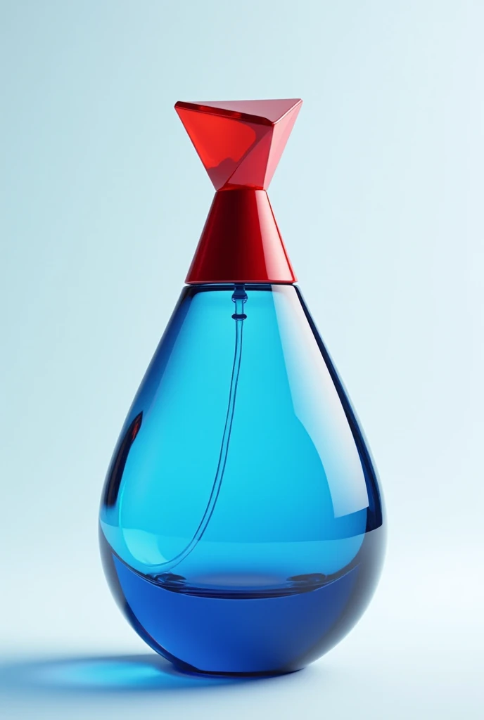 blue droplet-shaped bottle with red triangular cap 