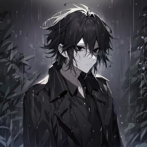 1boy, black messy hair, black trench coat, black eyes, black sclera, teenage pale skin, darknees background night rain sinister,...