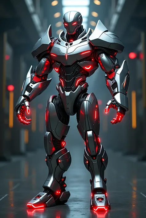 Create a silver robotic with muscular red details with absolute power 