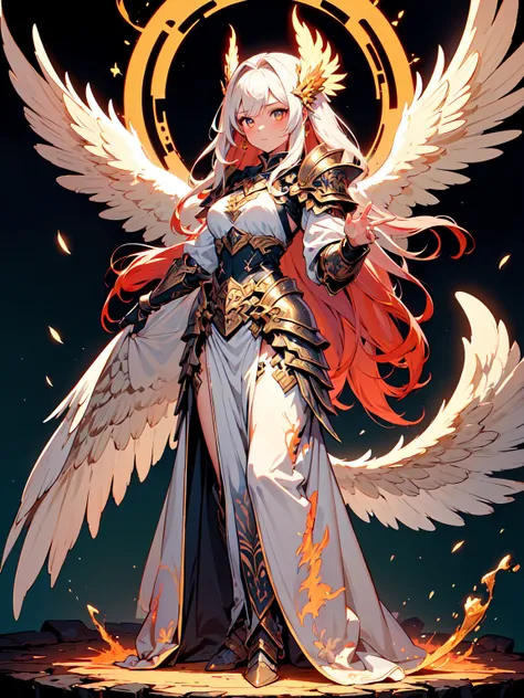 (((masterpiece, best quality, high detailed, 16k))) (1girl) A radiant young girl imbued with the powers of the phoenix, her eyes glowing with an inner fire. Her long, flowing hair is a fiery mix of red, orange, and gold, resembling the flames of a phoenix....