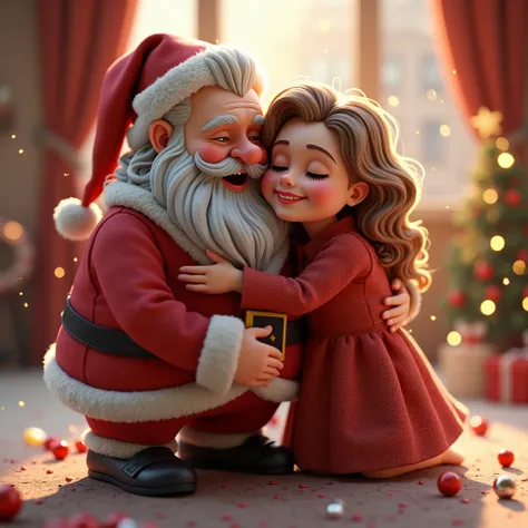 Creating Seamless an 3D hyperrealistic AI script for generating copule of a " Santa Forever Love with People",   wavy mullte hair and they hug together with sparkling eyes , character in defining his core attributes: a charming, Wearing nice shoe together ...