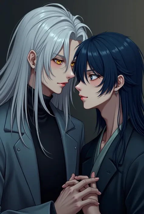 A guy with long white hair with yellow eyes and moody with his affectionate dark blue haired Korean male boyfriend