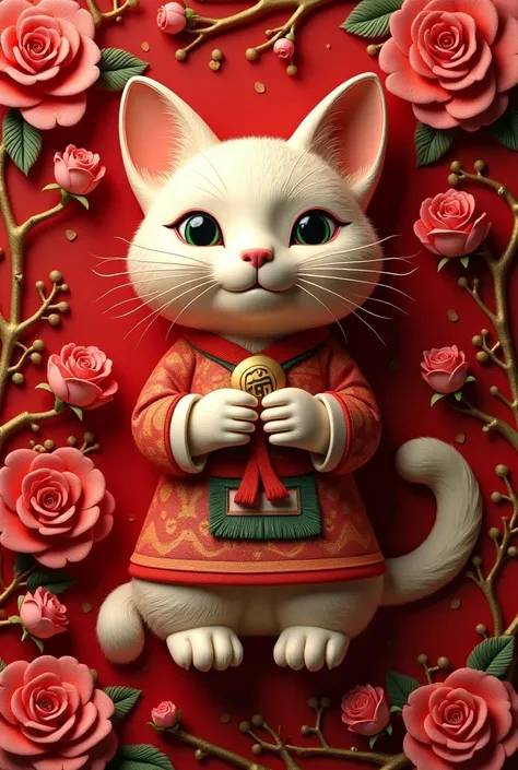 ( to create artwork 3D with leather-textured materials ， weaving method Weave a 3D stereo a beautiful life"cat")，(cat的姿勢正面坐姿,PreviousThe image of a lucky gesture ),(cat作品放置在不同形狀的木頭雕刻底座) ( Nose eyes painted with acrylic paint ,底座上cat旁邊有用黃金不規則的堆疊金幣)(decorati...