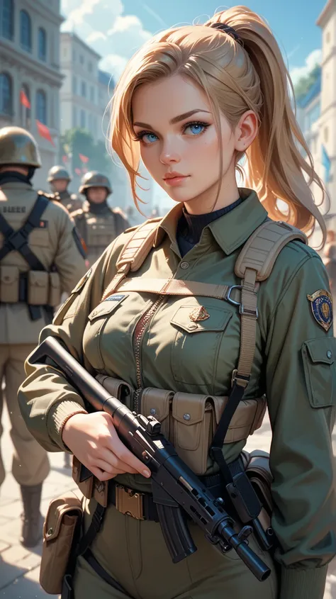 A female soldier with blue eyes and a ponytail