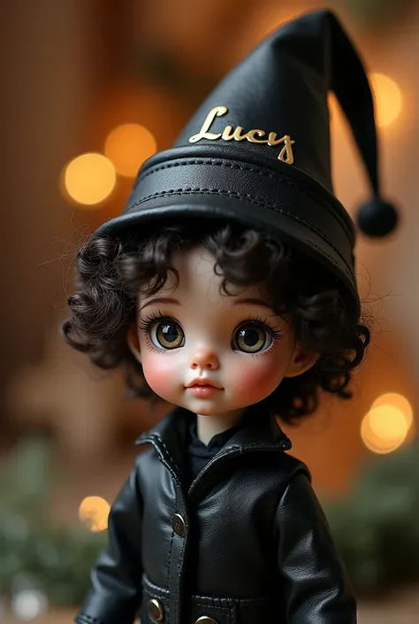  Make a beautiful black leather doll ,  frizzy hair, clear eyes and soft features .  Wear a Christmas hat that says Lucy.  Make the doll look a little realistic 