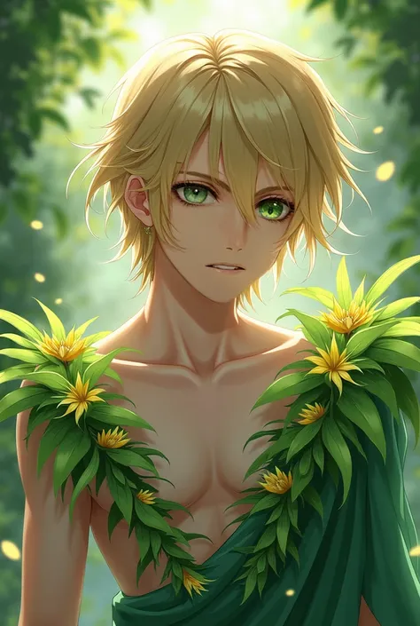  male anime character,  medium-long blonde hair , 21 years old, plant dress , heterochromia,  right eye light green ,  dark green left eye .