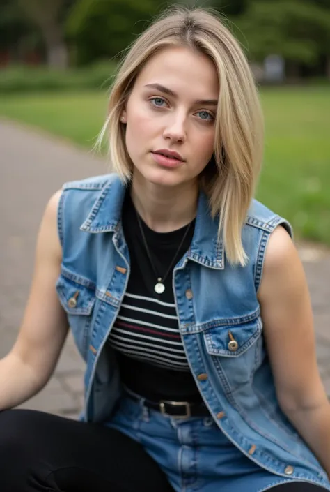 young woman,  challenging look ,  sky blue eyes, natural blonde, straight and asymmetric bob cut, denim jacket put on sleeveless open, slim,  black t-shirt , mangas blancas con 60 rayas slims grises horizontales, denim miniskirt,  tight black pants, cowoy ...