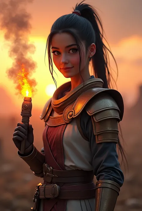  A young warrior inspired by a fantastic medieval environment ,  with dark hair tied in a ponytail .  He wears a light armor of reinforced leather ,  decorated with reddish tones and bronze details .  In his right hand he holds a small flamethrower , that ...