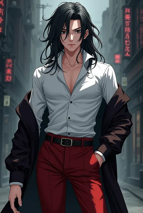  I want you to generate an image of a character , he is a man, He is white, You have long black hair ,  black eyes , dress shirt and very dark red pants and black shoes, in anime style