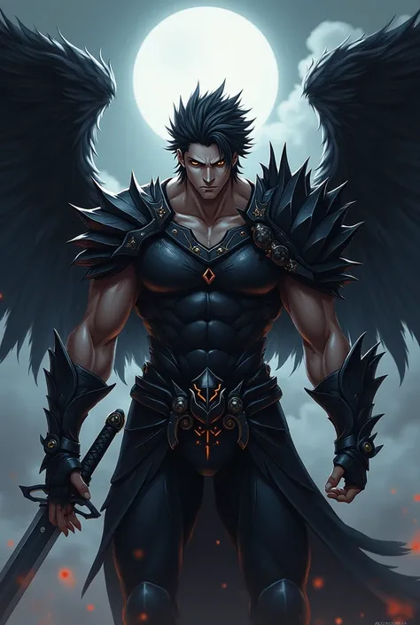 Dark male anime-style warrior with wings and sword and removable helmet