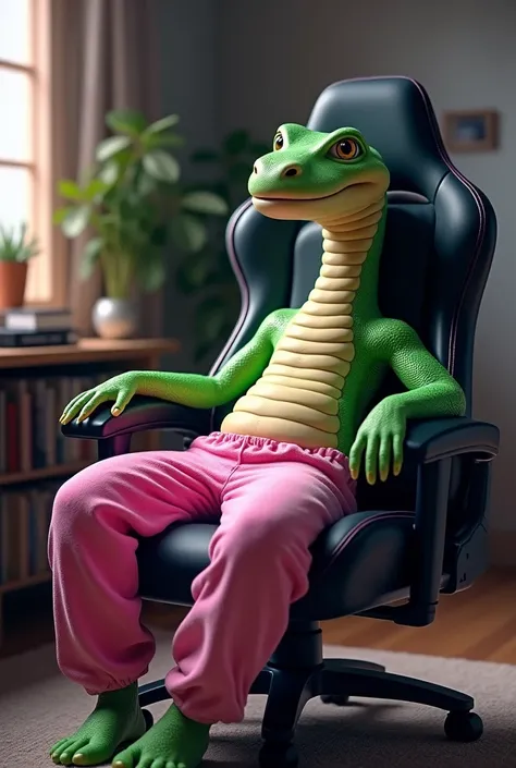 Green male snake in pink pajama pants sitting on a gamer chair with his feet up