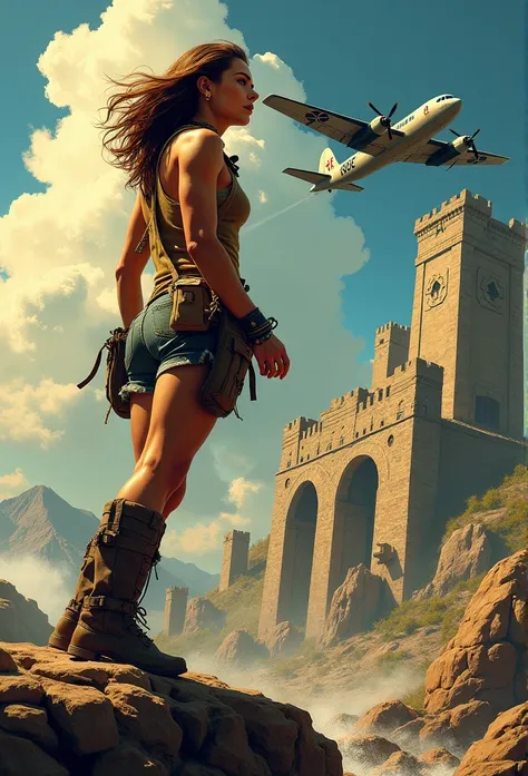 Generate an epic action movie poster. (((The poster reads: "THE SEARCH FOR BUZZ".))) (((Cast and credits are on the poster.)))  A young woman in an explorers outfit stands at the top of a stone ruin. The scene is in action sequence. A bomber plane flies ov...