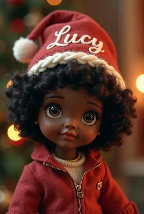  Make a doll with black skin ,  frizzy hair and brown eyes .  That she wears a Christmas hat on her head, And let that hat say Lucy 