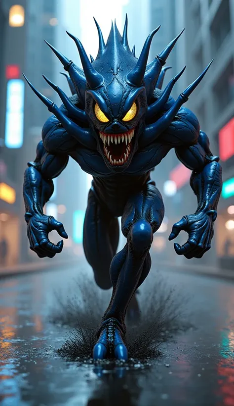  A hyper-realistic fusion in a 9 :16 do Venom e do Sonic. The resulting creature possesses Venoms black, slimy body,  with Sonics blue spines . His eyes are big and yellow,  with a frantic expression .  The creature runs at high speed ,  leaving a trail of...