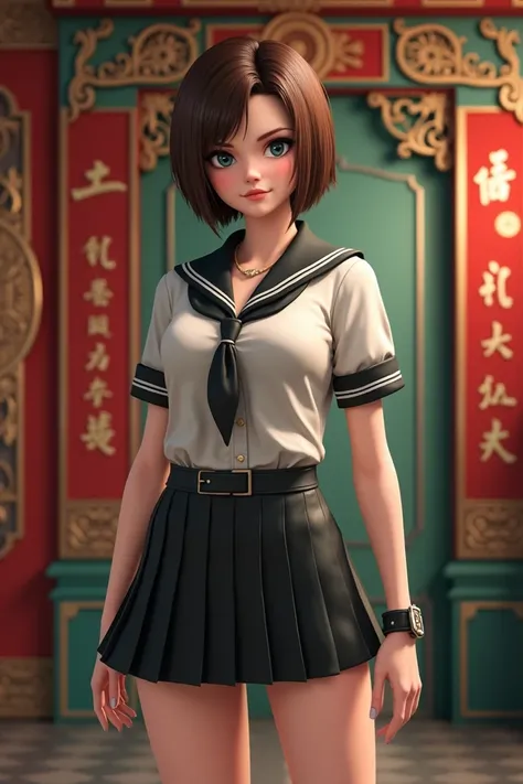 Jill Valentine the one from Residenet Evil in a schoolgirl miniskirt looking at Asia at the camera 