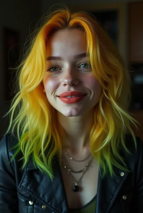 
(Close-up,  editorial photo of a 23-year-old woman with yellow and yellow-green gradient hair,  shoulder-length, soft hair,), good_hairstyle,  magenta lips , wink, happy smile, the image( highly detailed face :1.4) (smile:0.7) ( dark background inside , m...