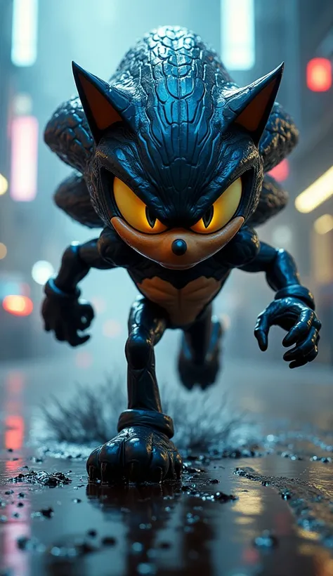  A hyper-realistic fusion in a 9 :16 do Venom e do Sonic. The resulting creature possesses Venoms black, slimy body,  with Sonics blue spines . His eyes are big and yellow,  with a frantic expression .  The creature runs at high speed ,  leaving a trail of...