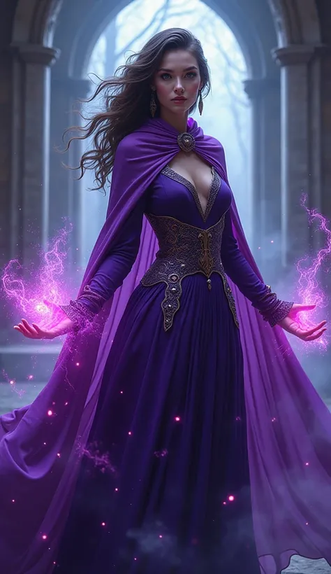 ((best quality)), (( masterpiece )), (detailed), 1girl,  Create a sexy magician , with purple cape ,  with an aura of magic , and that the Text appears: "Catalina"