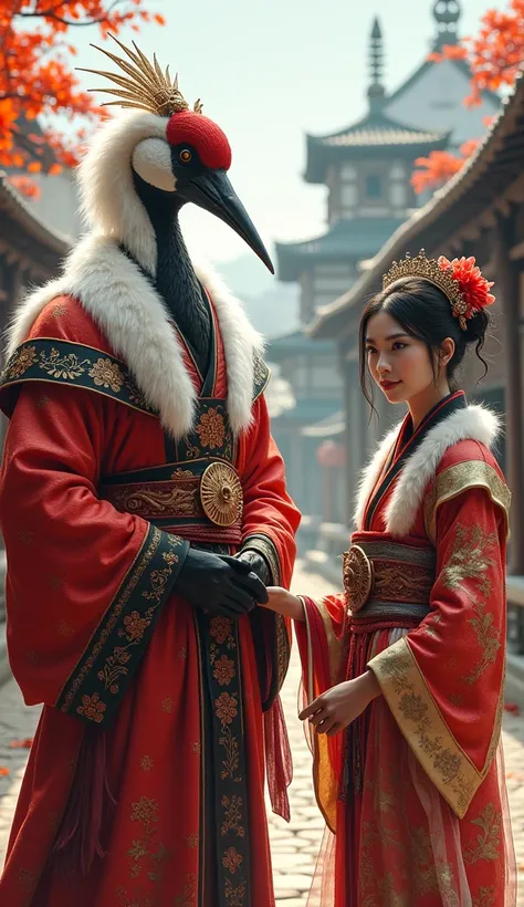 A detailed image of a crane king in traditional royal robes matching the Japanese flags colors, accompanied by a humanoid queen in a matching kimono, in a serene castle courtyard.