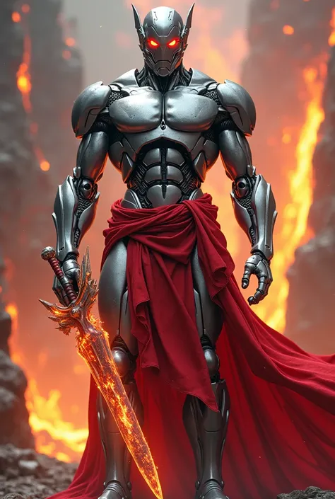 Create a silver robotic character with red details and very muscular with absolute power with a red cloth around the waist with a lava sword