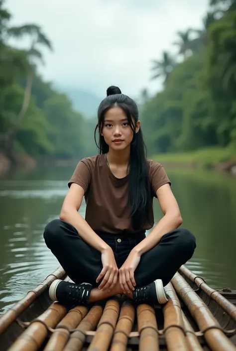 realistic, cinematic, Close-up, a beautiful Indonesian woman is sitting on a small raft made of bamboo with a background of river, trees and clouds. He wore a brown t-shirt, black jeans, and sports shoes. She looked at the camera and had long black hair ti...