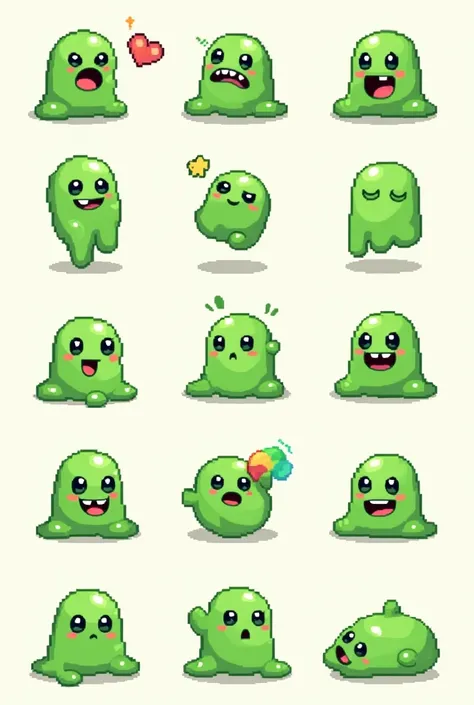 create sprite sheet for cute green slime, pixel art with action frames of jumping, hit, hurt, celebrate, sad, idle and sleep