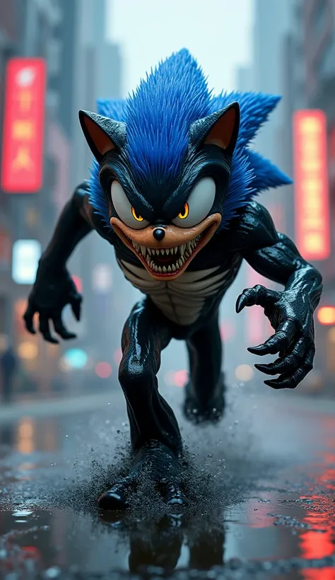  A hyper-realistic fusion in a 9 :16 do Venom e do Sonic. The resulting creature possesses Venoms black, slimy body,  with Sonics blue spines . His eyes are big and yellow,  with a frantic expression .  The creature runs at high speed ,  leaving a trail of...