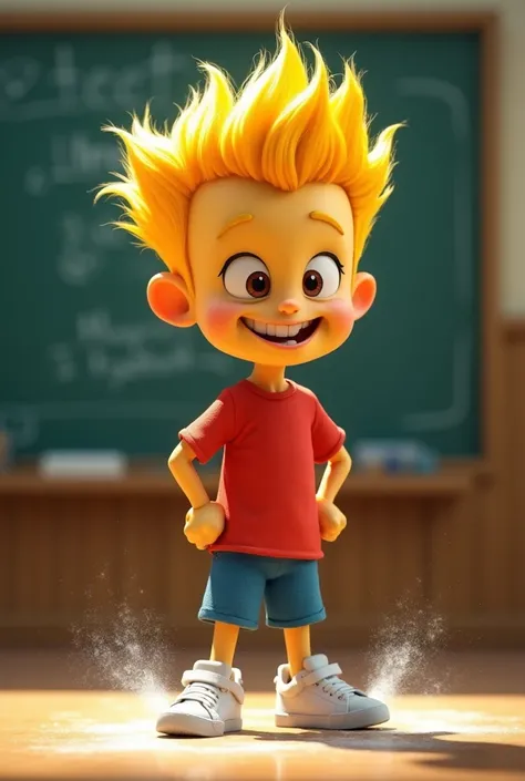 (masterpiece, best quality), highly detailed, stylized cartoon character, yellow skin tone, spiky hair, mischievous expression, red t-shirt, blue shorts, white sneakers, (standing in front of a chalkboard:1.2), (school setting), chalk dust effect, dynamic ...