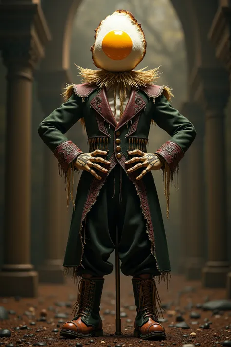 generate images of kawaii chibi character of (fried egg head) zany scarecrow with a horror fantasy theme,(hands on hips:1.5), clothes must be highly intricate baroque style , elegant, and visually striking, highly detailed leather boots, resembling digital...